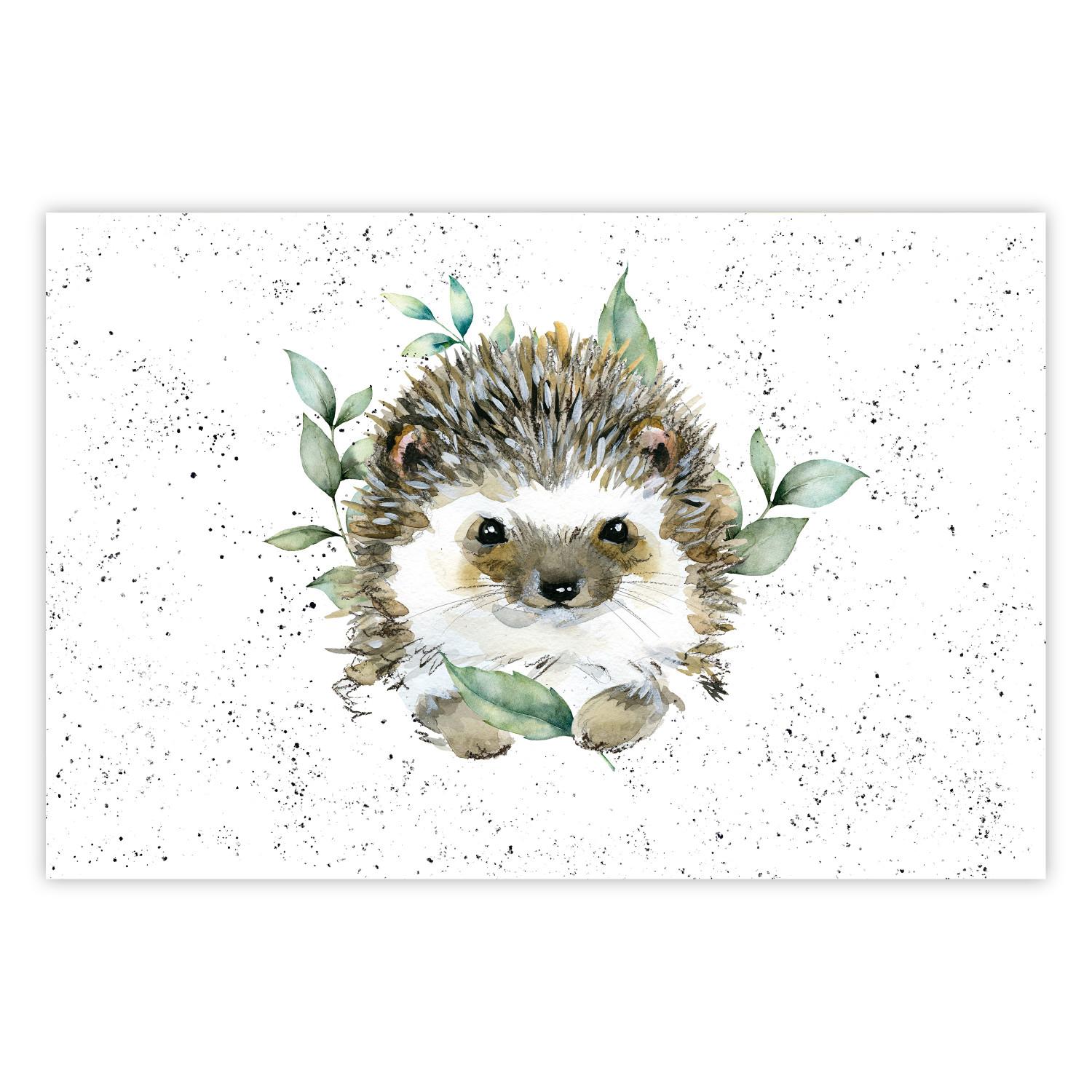 Poster Hedgehog - Cute Painted Animals and Plants on a Polka Dot Background