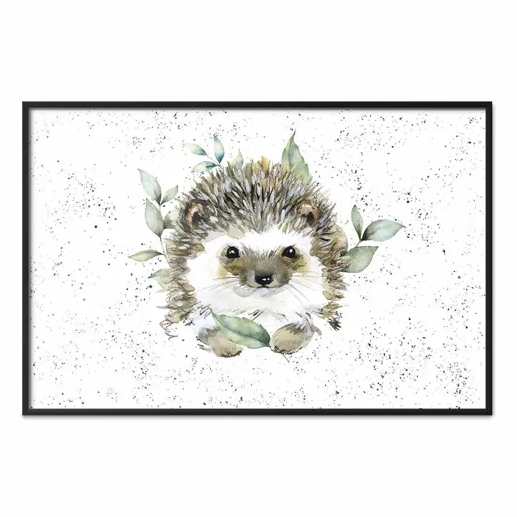 Erizo - adorable animal pintado y plantas sobre fondo de puntos