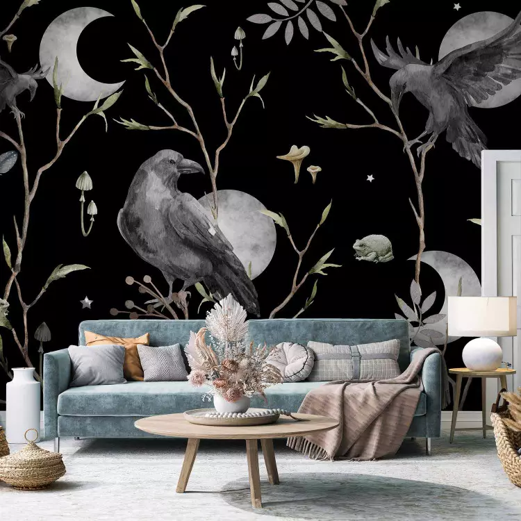 Fotomural decorativo Magic Dream - Enchanted Ravens in the Branches Against the Background of Moons