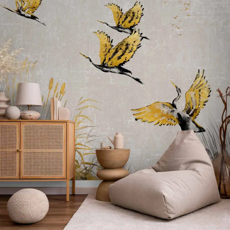 Grullas al atardecer - aves pintadas con tinta y dorado