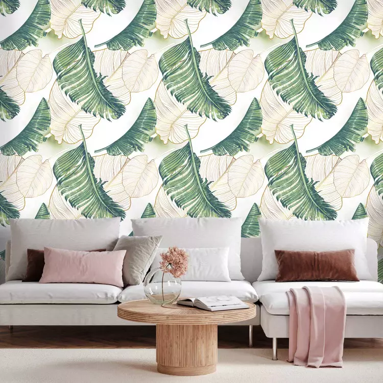 Papel de pared Luscious Nature - Large Green Leaves and Delicate Beige Ones in the Wind