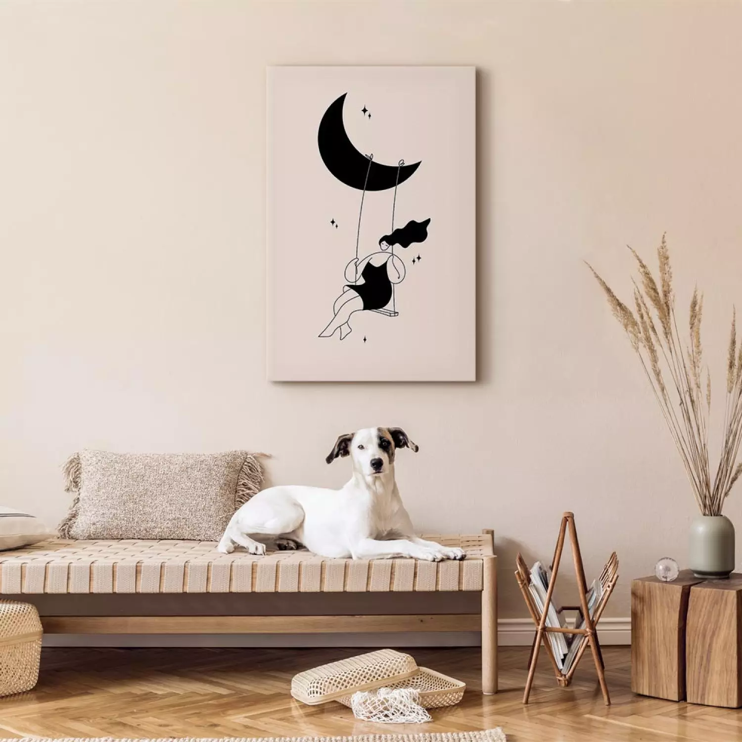 Cuadro Descanso chica columpiándose en la luna rodeada de