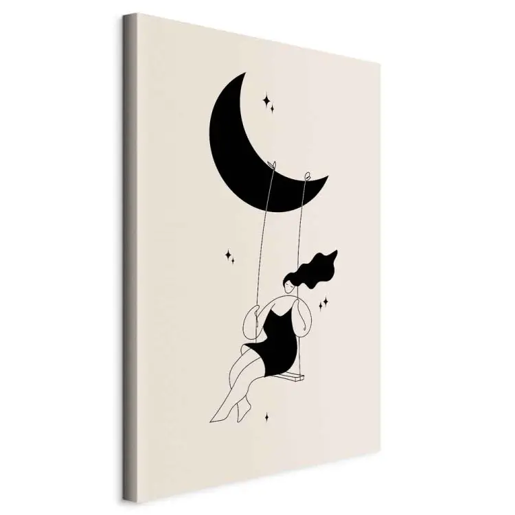 Descanso - chica columpiándose en la luna rodeada de estrellas negras