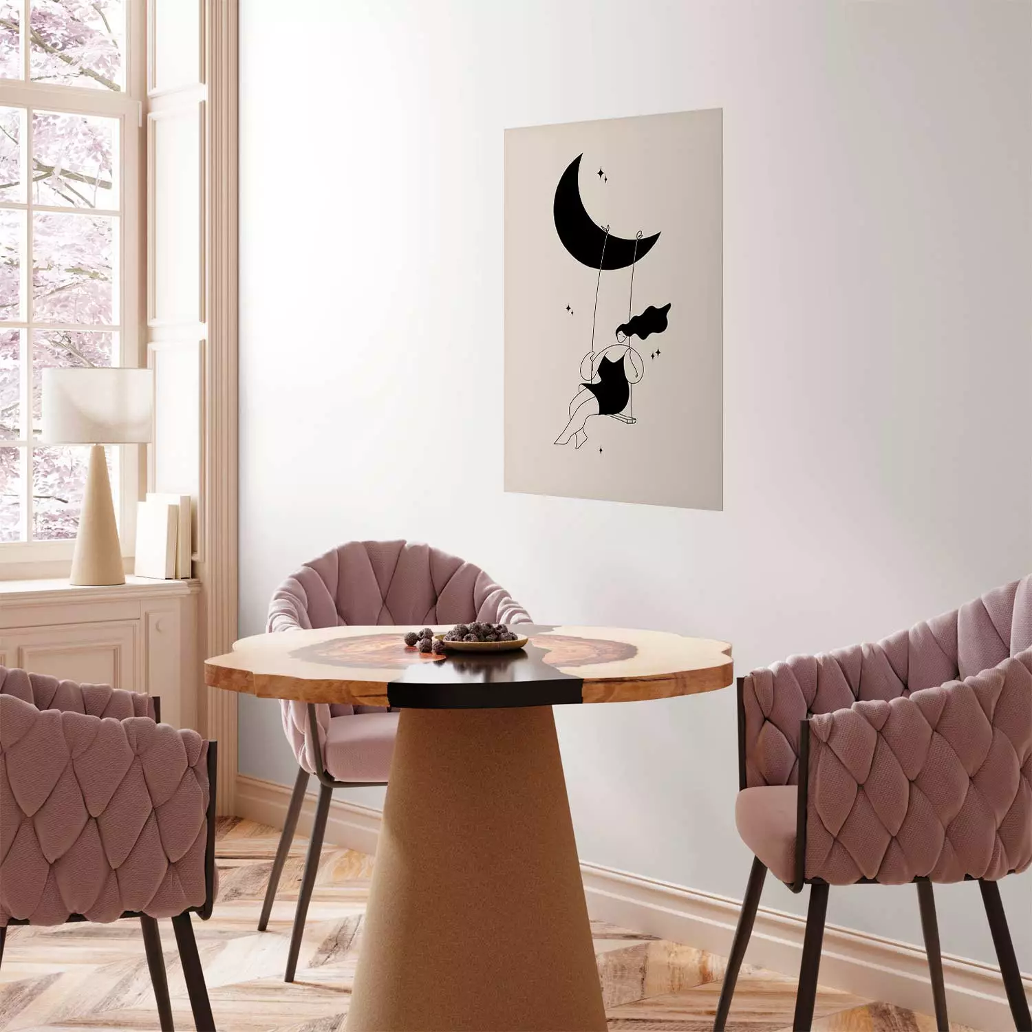 Póster Diversión niña columpiándose en la luna rodeada de