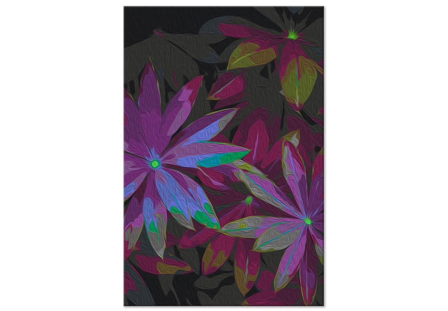 Cuadro para pintar con números Tropical Charm - Pointed Leaves in Green, Purple and Burgundy Colors