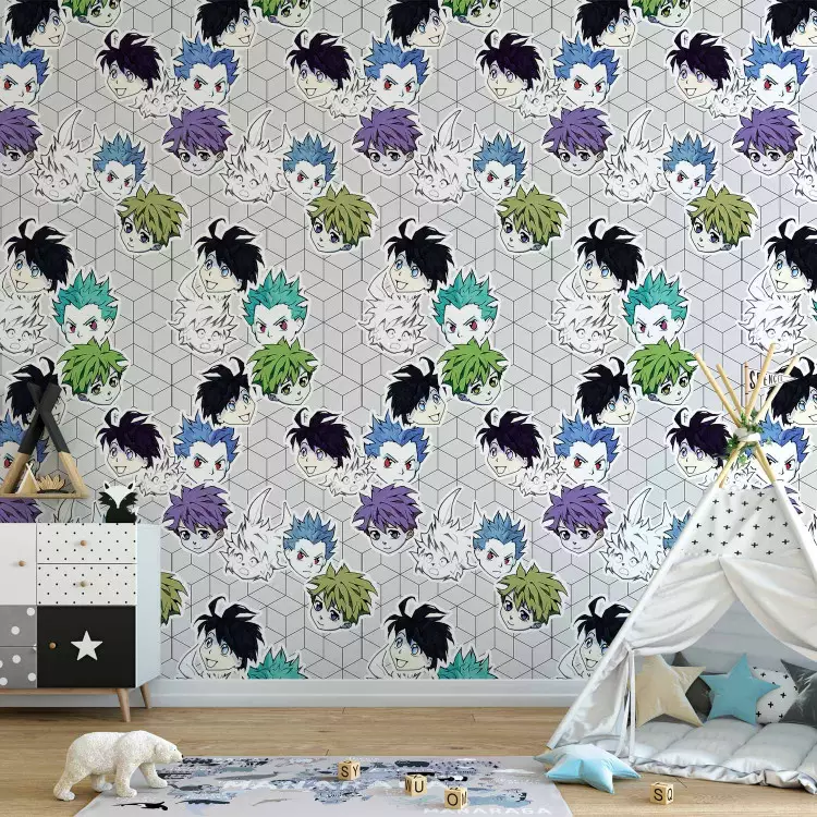Papel decorado Anime - Expressions on the Faces of Cartoon Characters on a Geometric Background