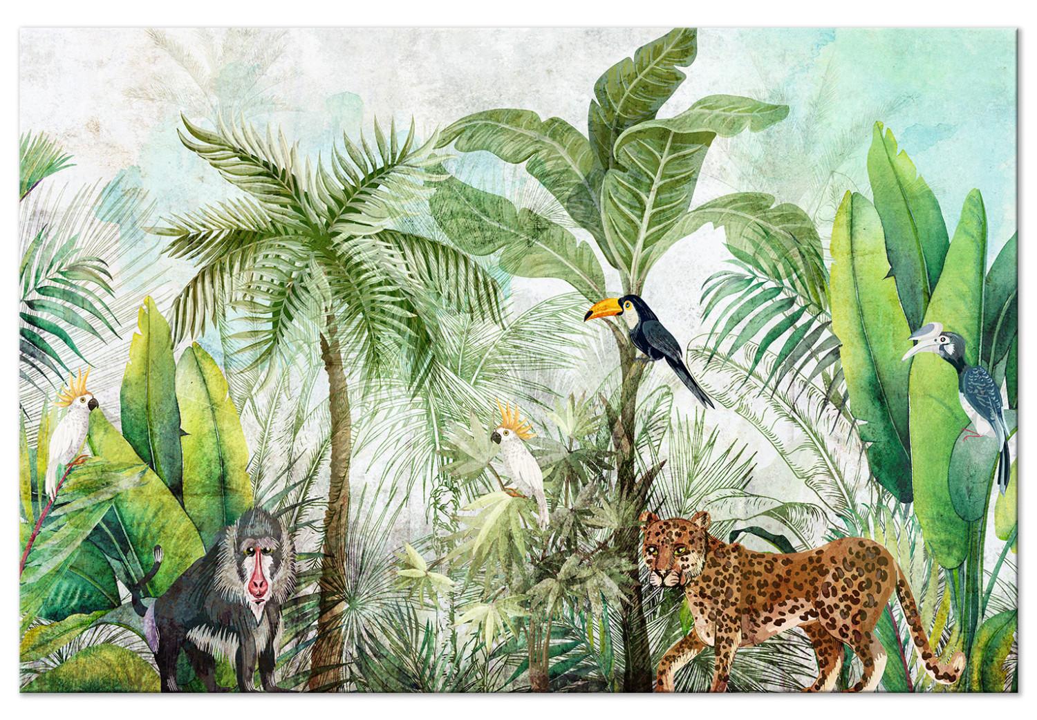 Cuadro decorativo Wilderness - Tall Palm Trees and Animals in a Tropical Jungle