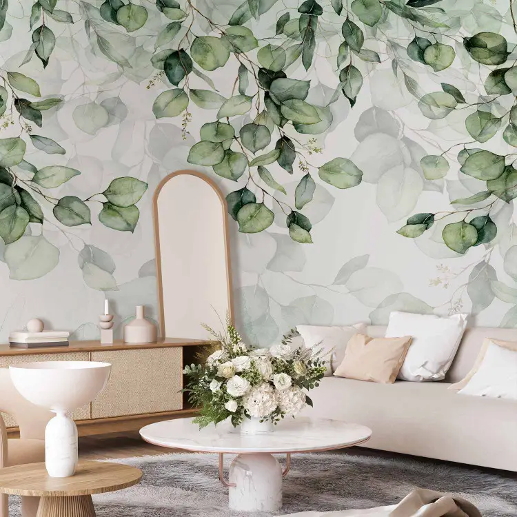 Hojas decorativas - motivo floral verde claro sobre fondo blanco