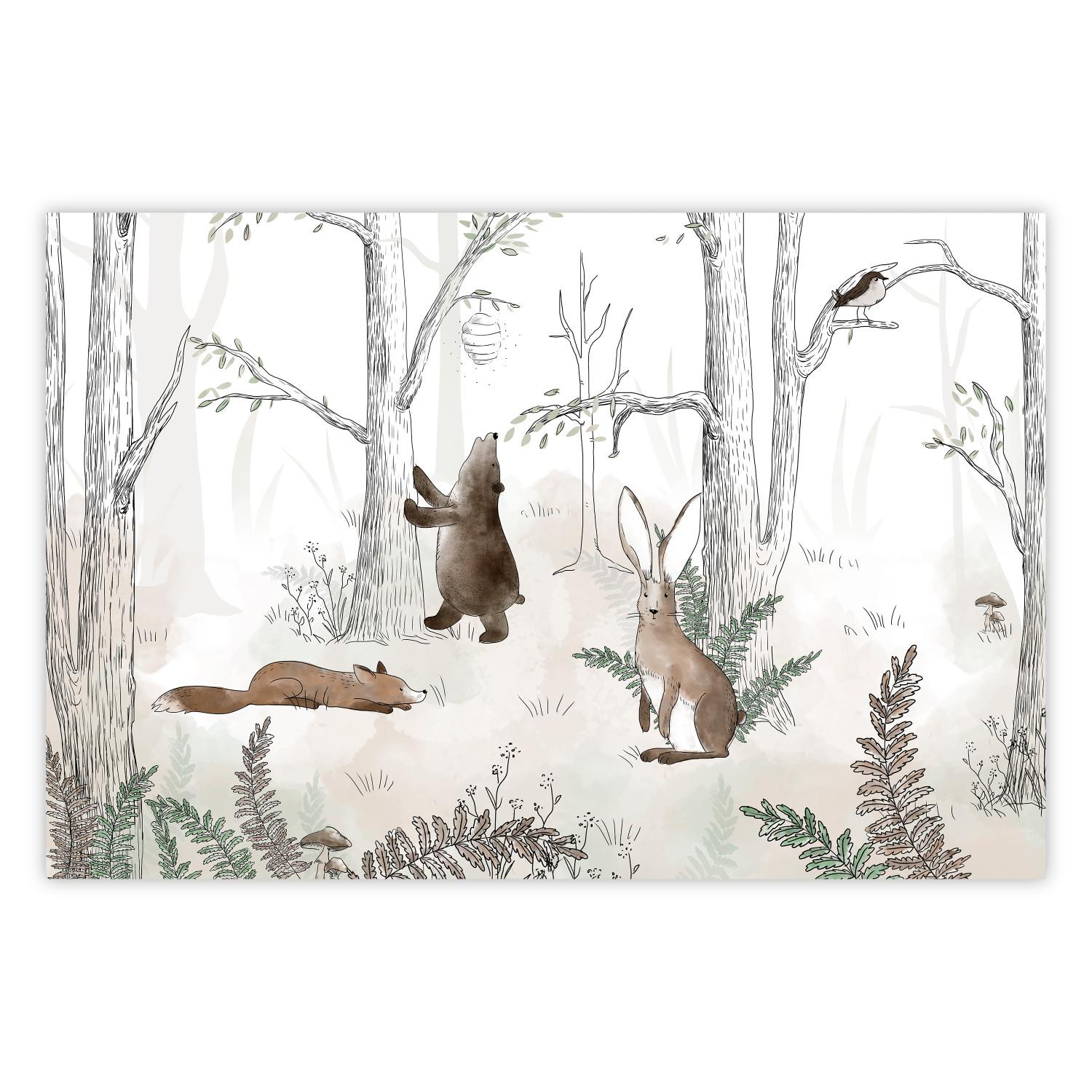 Poster Forest Animals - Drawn Forest with Watercolor Ferns