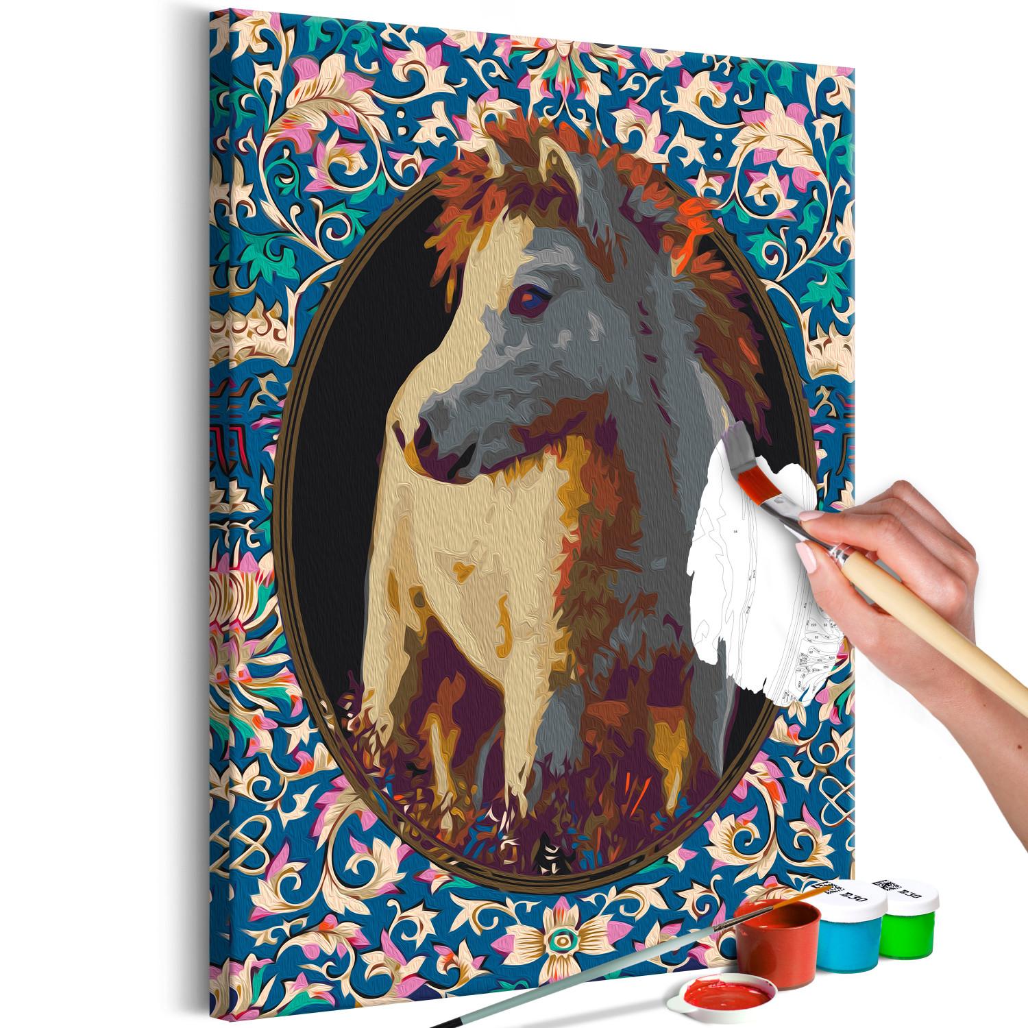 Cuadro para pintar por números Magic Animal - Portrait of a Beige Horse among Colorful Flowers