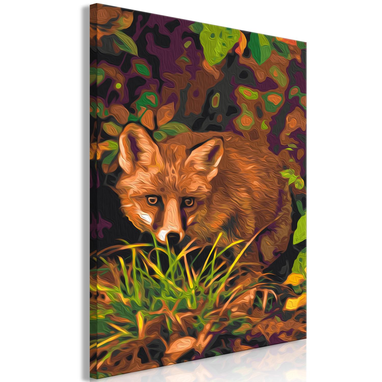 Cuadro para pintar con números Crouching Fox - Wild Animal against the Background of Grasses and Autumn Leaves