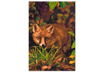 Cuadro para pintar con números Crouching Fox - Wild Animal against the Background of Grasses and Autumn Leaves