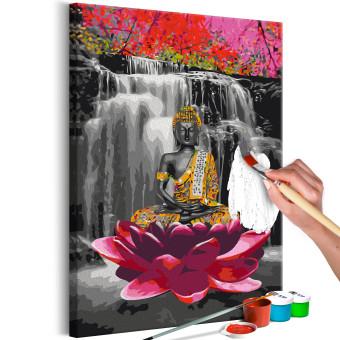  Dibujo para pintar con números Buddha with a Lotus - Meditating Figure in Front of a Waterfall and Pink Trees