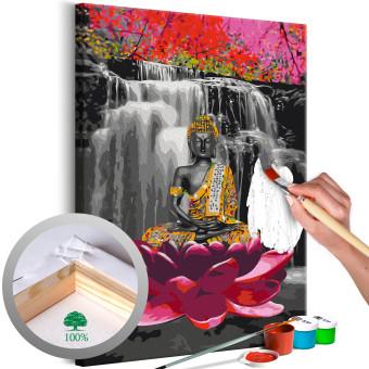  Dibujo para pintar con números Buddha with a Lotus - Meditating Figure in Front of a Waterfall and Pink Trees