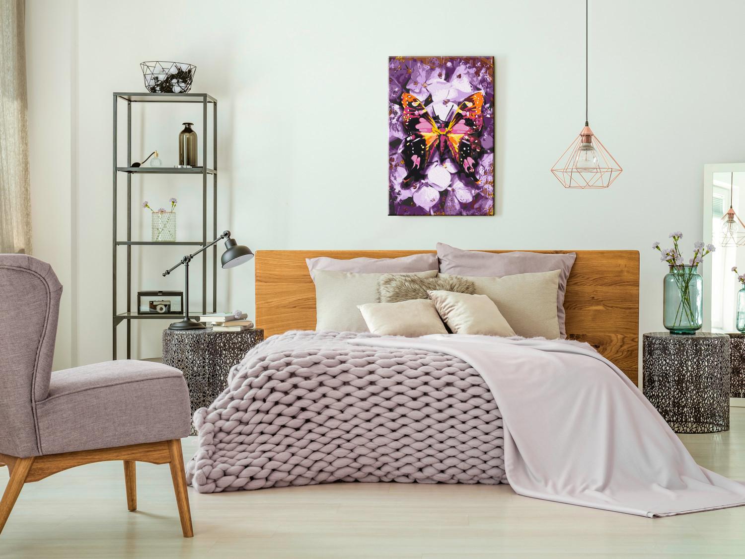 Cuadro para pintar por números Harmony - Purple Butterfly on a Background of Purple Flower Petals