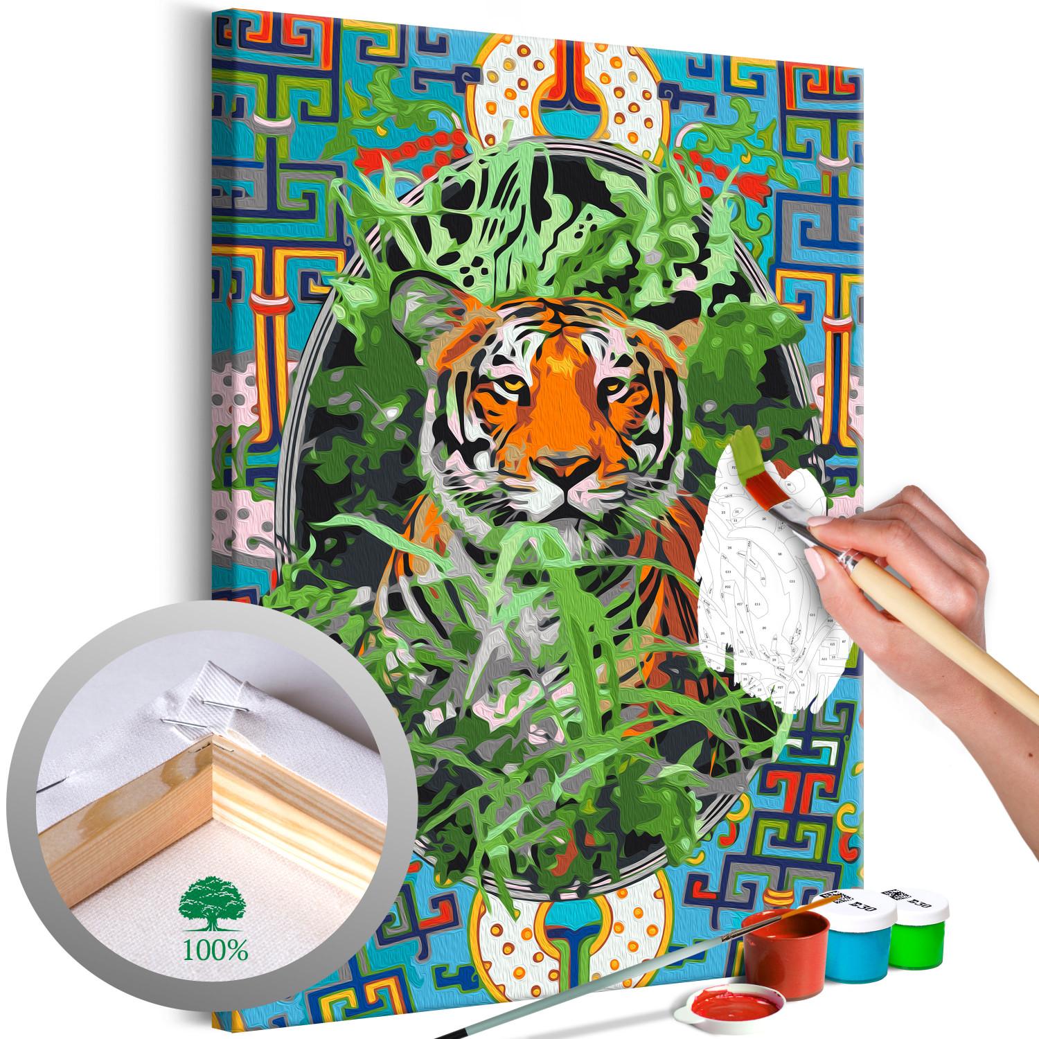 Cuadro para pintar por números Pensive Cat - Tiger among Grass and Abstract Colored Background