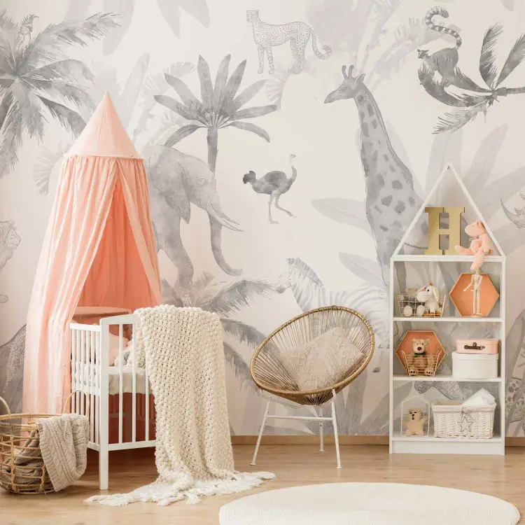 Safari Tropical - animales salvajes en gris sobre fondo blanco