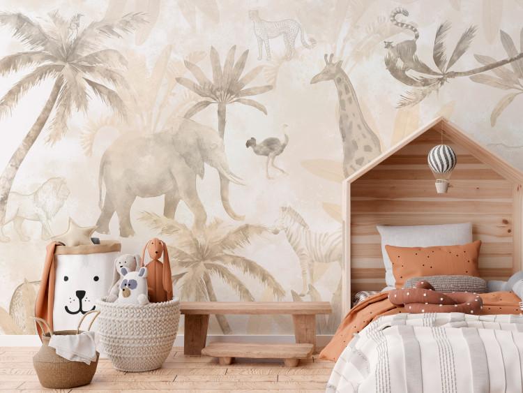 Fotomural Tropical Safari - Wild Animals in Beige Tones on a White Background