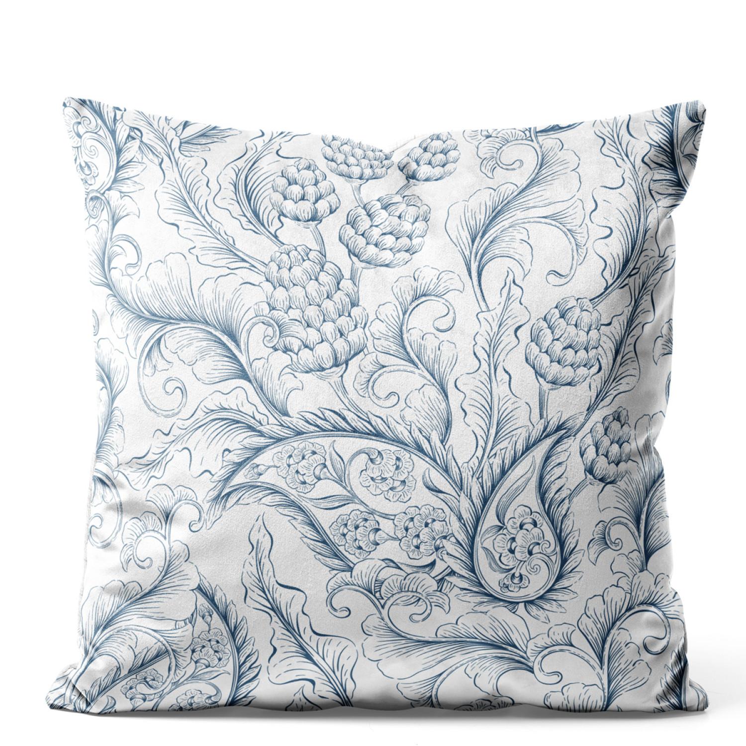 Cojin de velour Stylised leaves - minimalist, white and blue floral theme