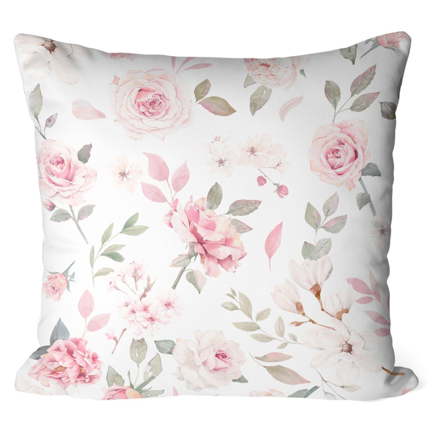Cojín de microfibra Pink spring - a vintage-style rose and magnolia on white background cushions