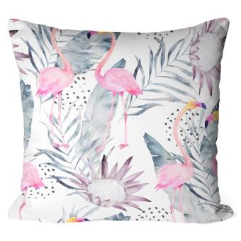 Cojín de microfibra Flamingos on holiday - floral design with exotic leaves and birds cushions