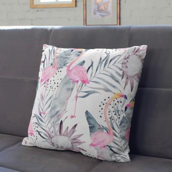 Cojín de microfibra Flamingos on holiday - floral design with exotic leaves and birds cushions