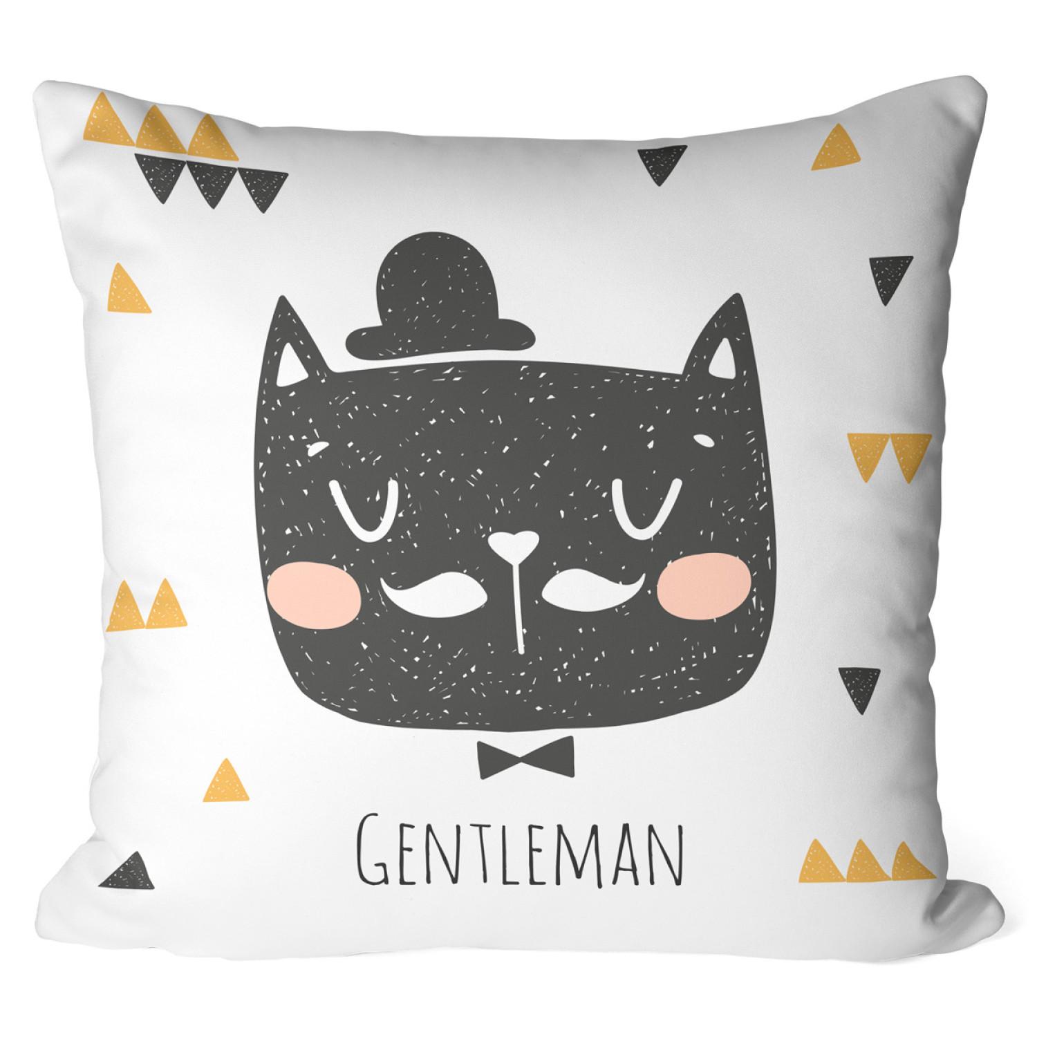 Cojín de microfibra Dignified cat - animal wearing a hat, triangles, 'Gentleman' caption cushions