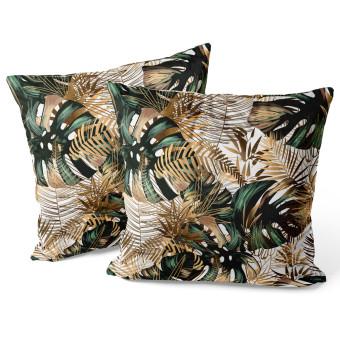 Cojin de velour Contrasting leaves - plant motif in shades of green and gold