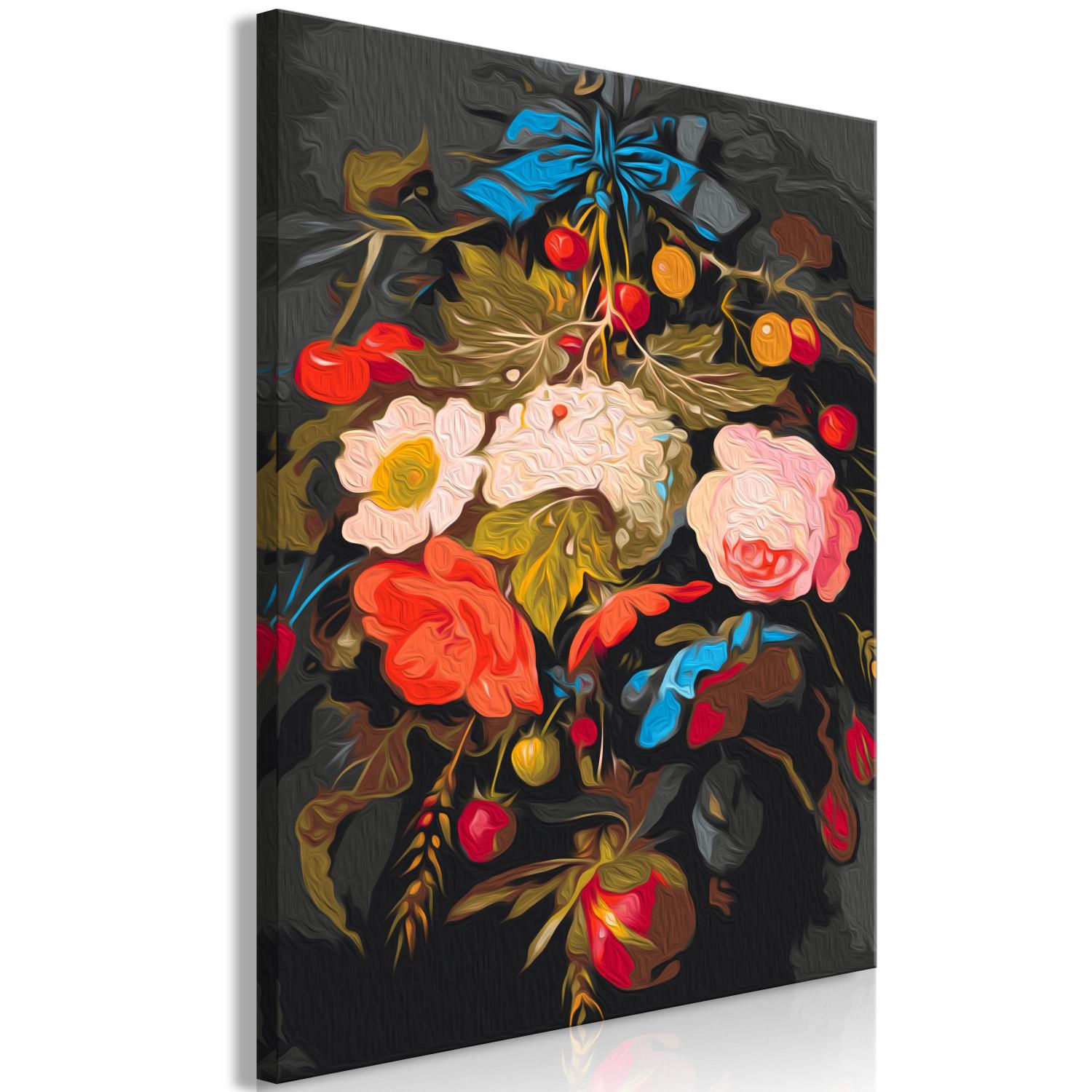 Cuadro para pintar por números Summer Bouquet - Colorful Flowers with Fruit on a Dark Background