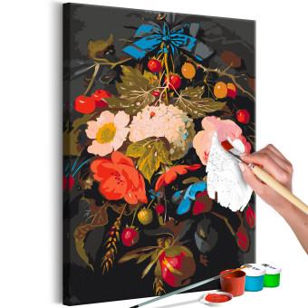 Cuadro para pintar por números Summer Bouquet - Colorful Flowers with Fruit on a Dark Background