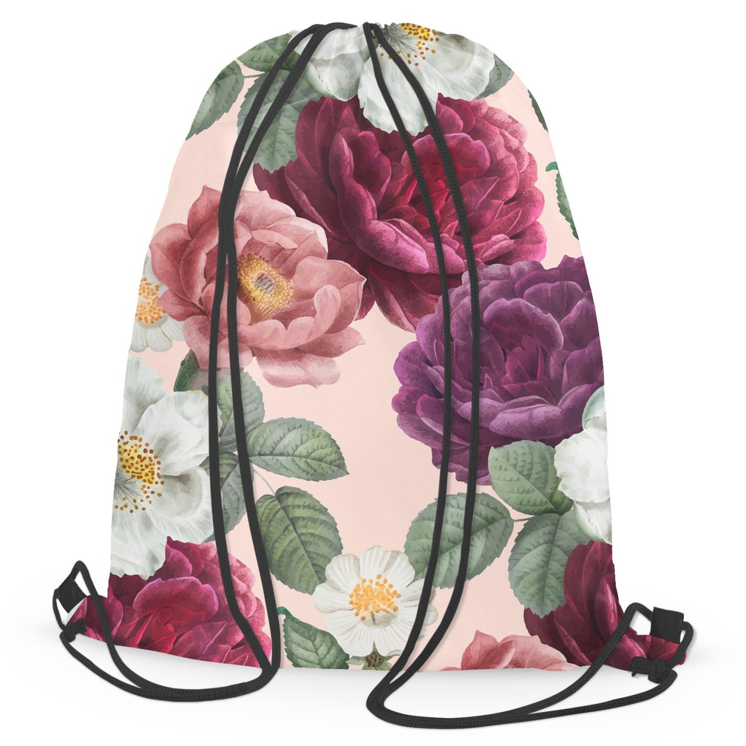 Mochila Peonies in bloom - a floral, vintsage style print on peach background