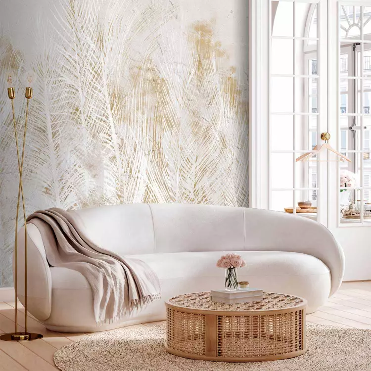 Fotomural Gilded Feathers - A Delicate Drawing of Nature in a Boho Style