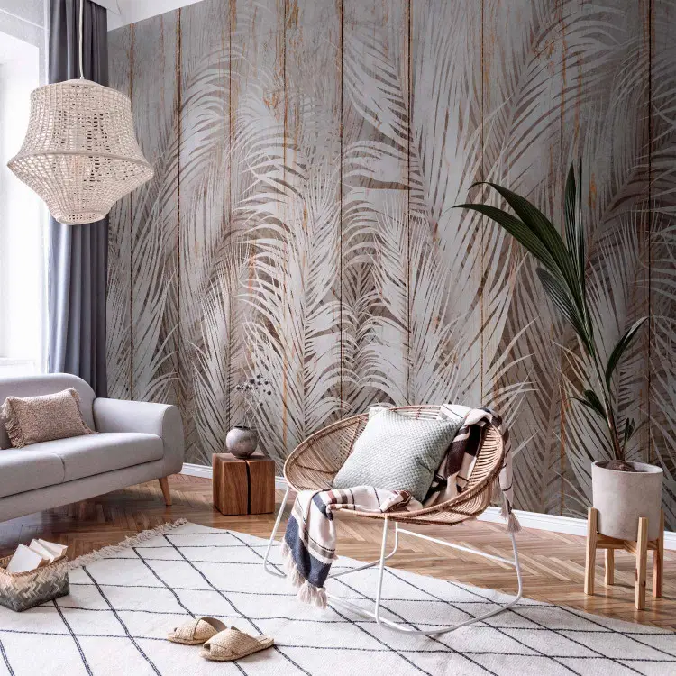 Beige exótico - hojas de palmera blancas sobre tablas claras