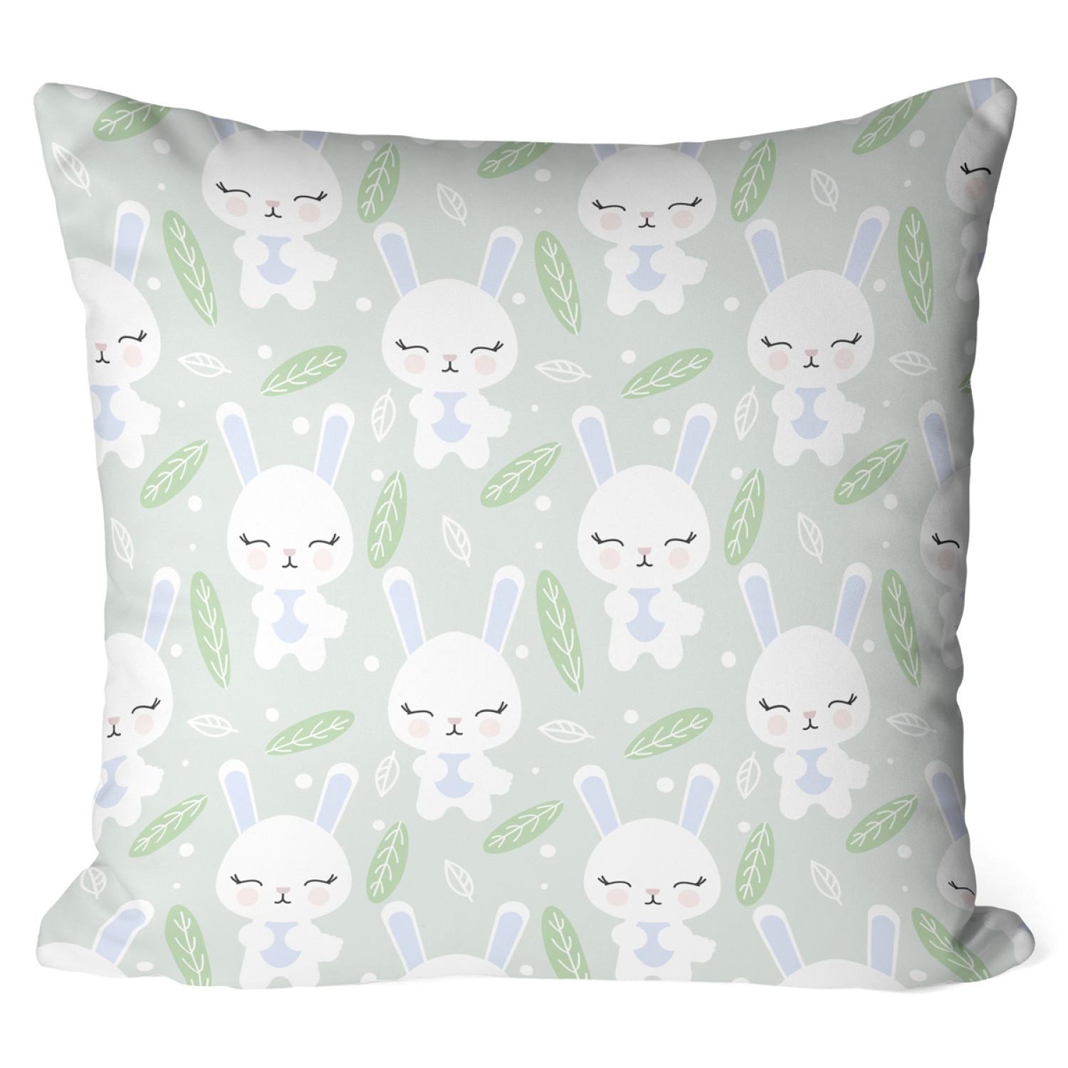 Cojín de microfibra Group of hares - composition in shades of white, blue and green cushions