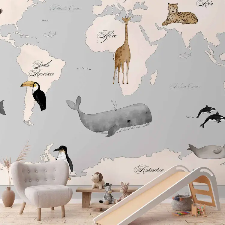 Mapa mundi infantil - continentes y océanos en tonos azules
