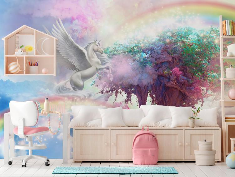 Fotomural Unicorn and Magic Tree - Colorful and Rainbow Land in the Clouds