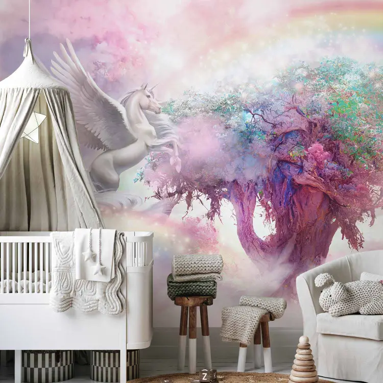 Unicornio y árbol mágico - tierra rosa y arco iris en las nubes
