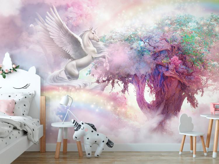 Fotomural Unicorn and Magic Tree - Pink and Rainbow Land in the Clouds