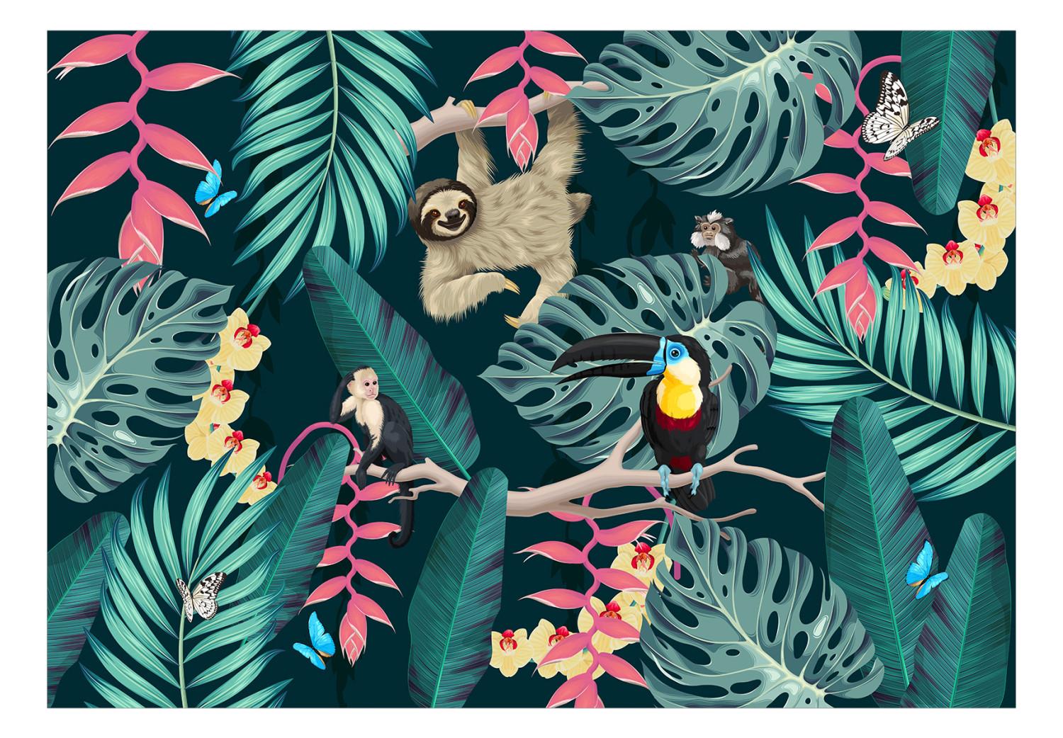 Fotomural decorativo Sloth and Monkeys - Exotic Jungle With Birds on a Dark Background