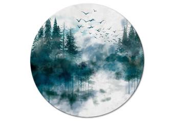 Cuadro redondos moderno Watercolor View - Coniferous Forest Misty Landscape With Birds