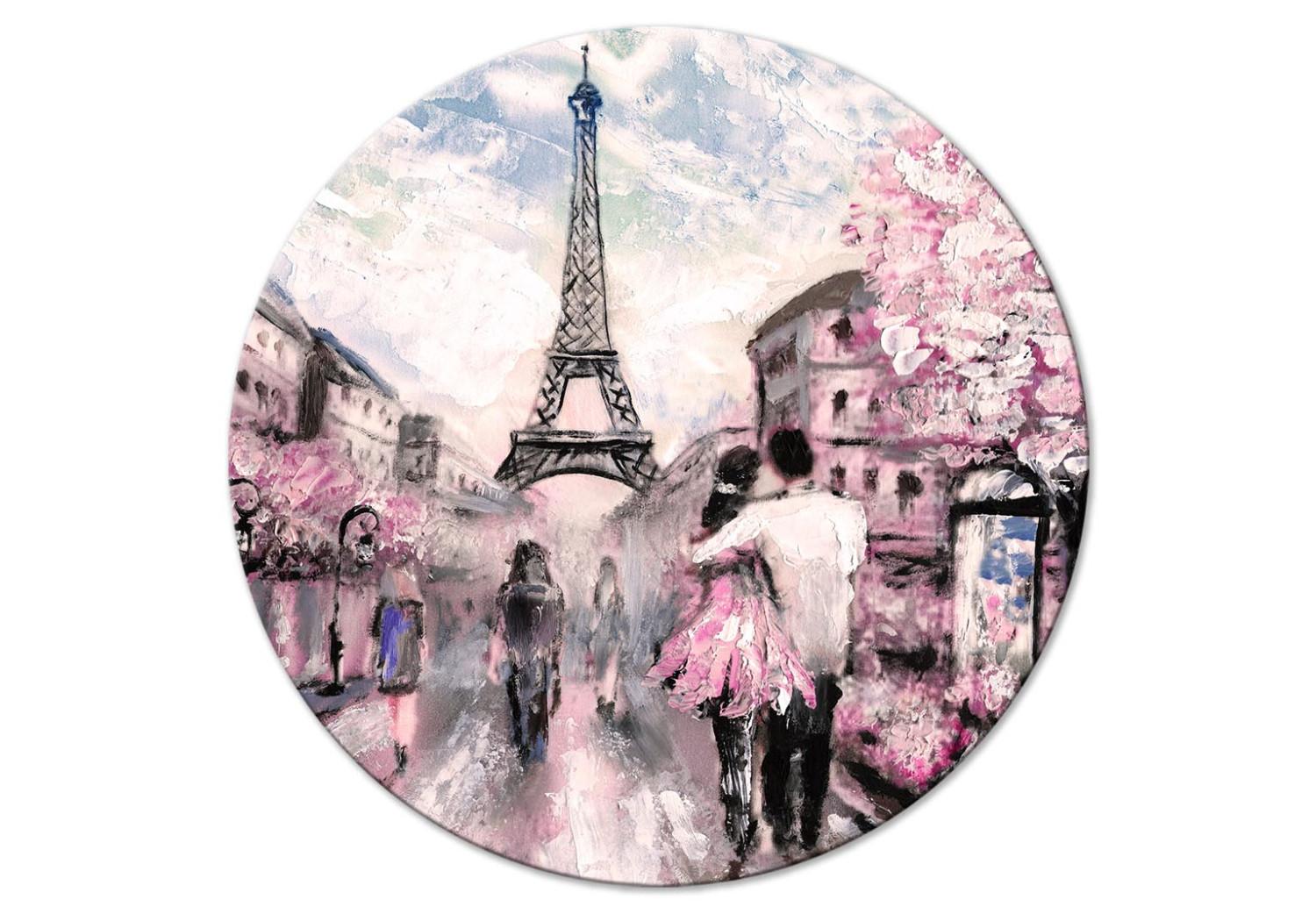 Cuadro redondos moderno Paris Walk - Painted Landscape With a Couple Walking Against the Background of the Eiffel Tower