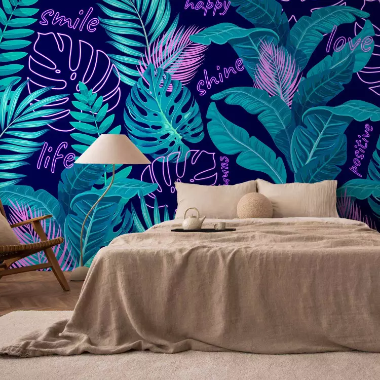 Fotomural decorativo Neon Jungle - Leaves and Inscriptions in Bright and Vivid Colors