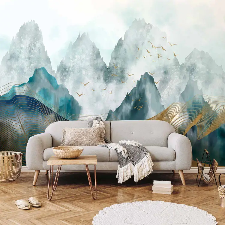 Montañas cobalto - paisaje pintado en acuarela azul y dorada