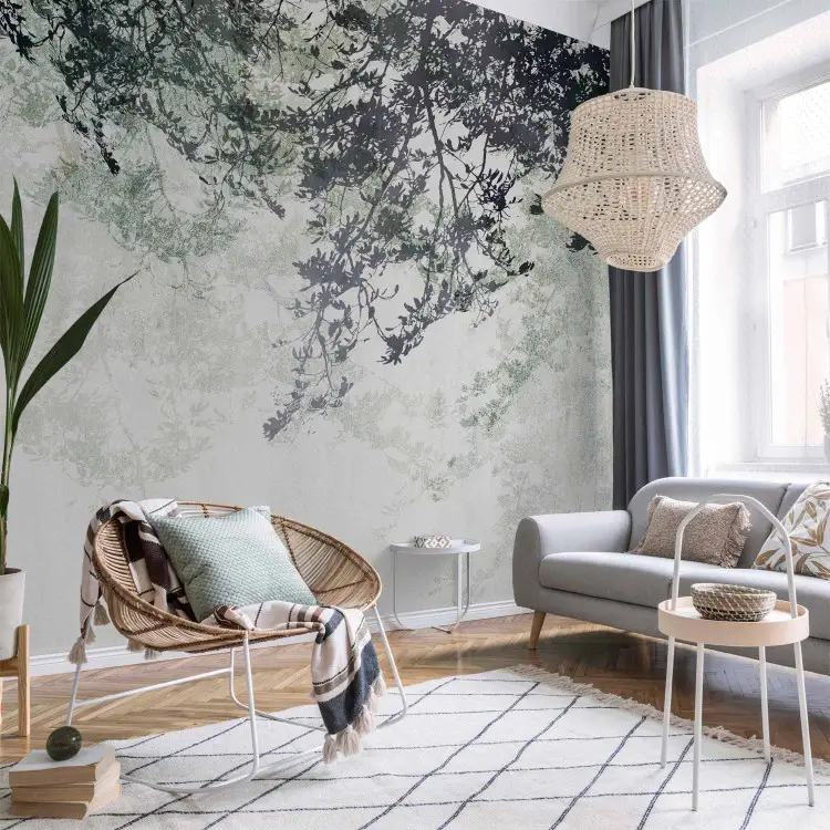 Laberinto de un árbol - ramas con hojas sobre fondo claro - turquesa