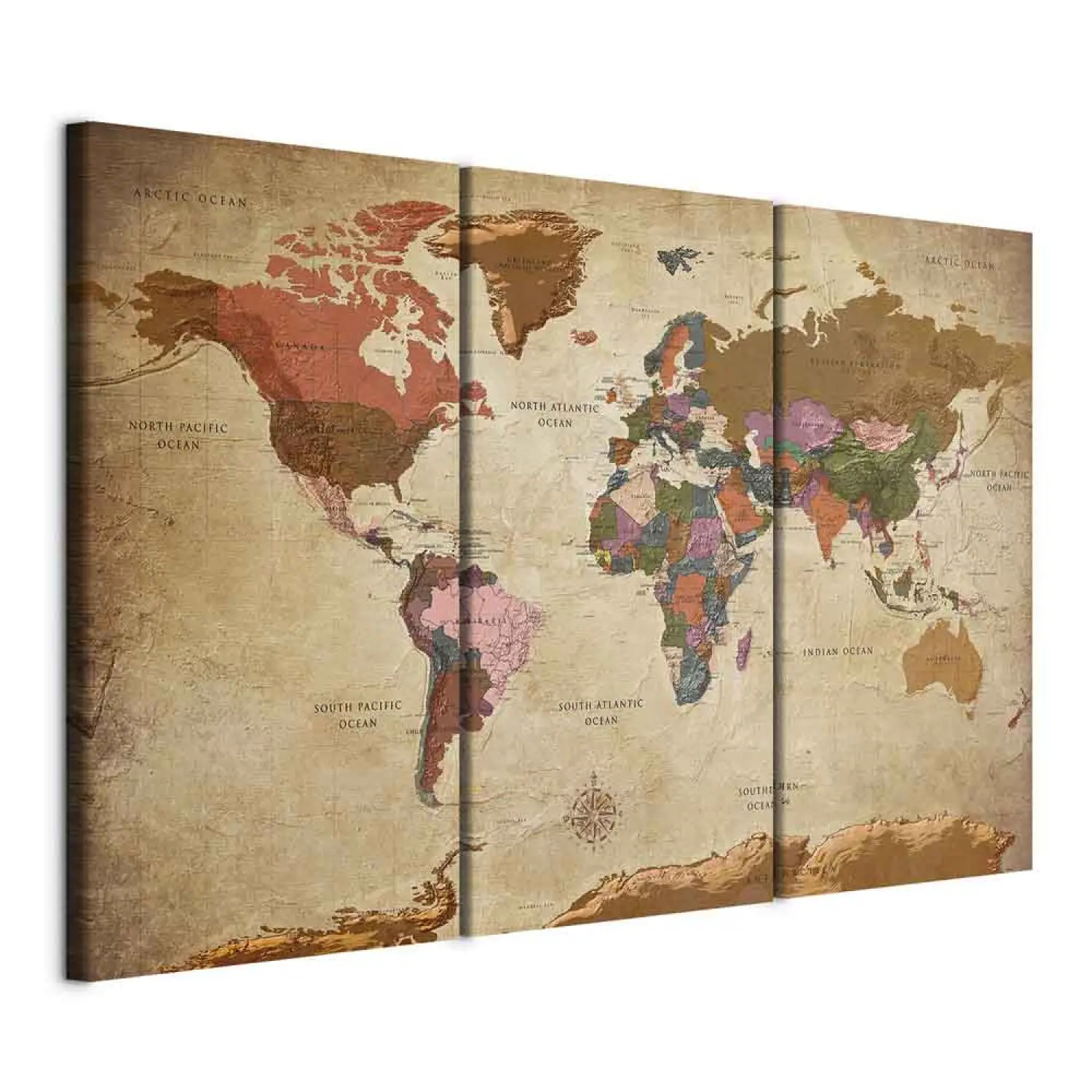 Cuadro Elegancia Marrón (3-partes) - Mapa Del Mundo Y Letras En Inglés Impreso En Lienzo Para Pared - Mapas Del Mundo - Tienda