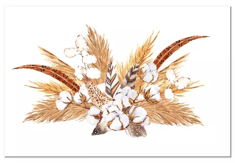 Watercolor Bouquet - Composition of Feathers and Dry Grass in Shades of Beige