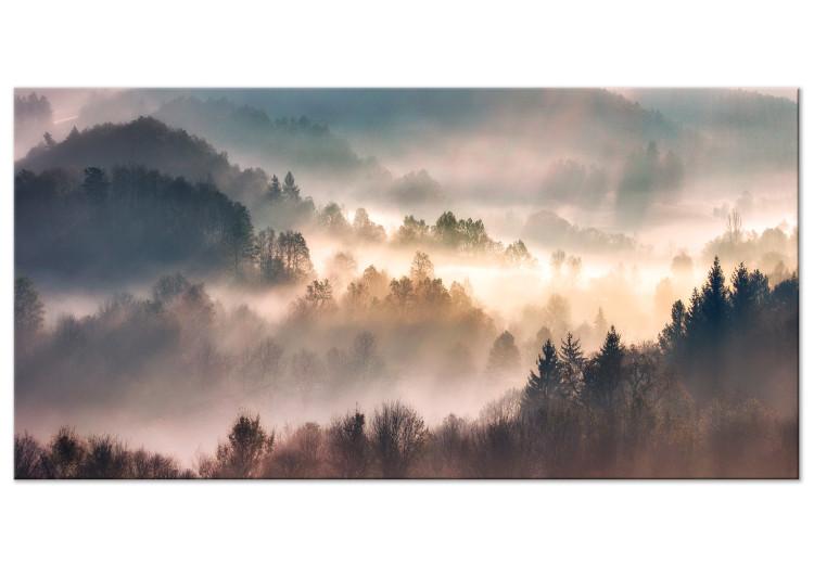 Cuadro en lienzo Forest in the Fog - Mountainous Landscape With Trees at Sunrise
