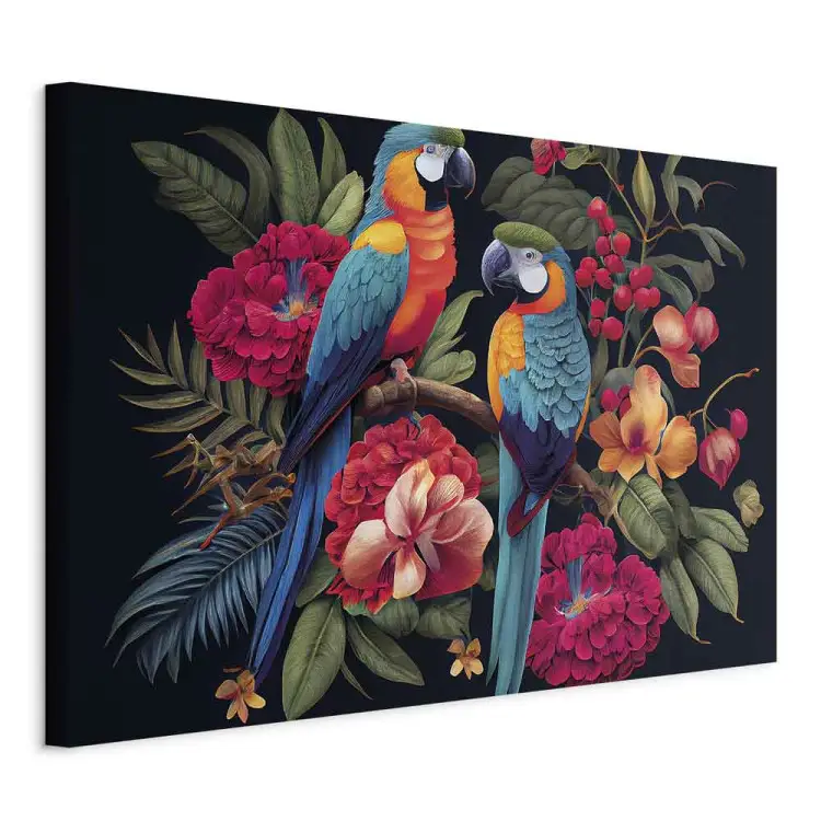 Pájaros exóticos - loros entre la colorida vegetación de la selva