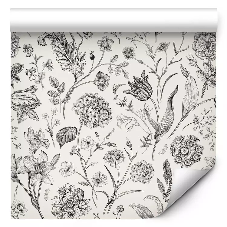 Pradera en estilo vintage - bocetos de flores en blanco y negro