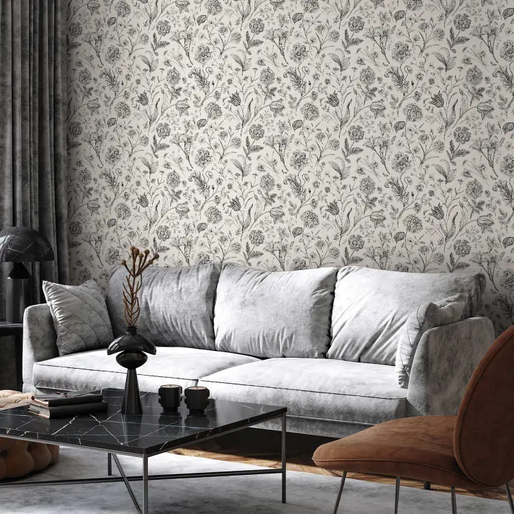 Pradera en estilo vintage - bocetos de flores en blanco y negro